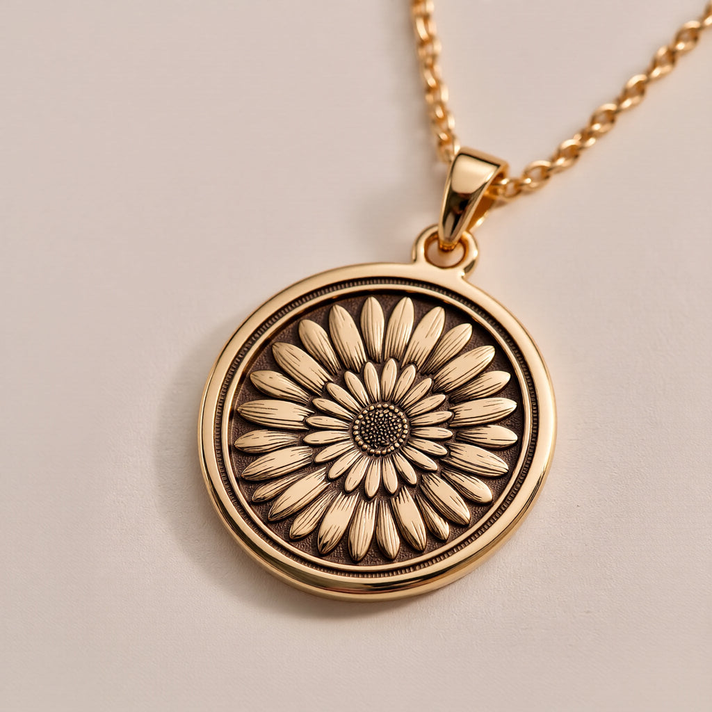14K solid gold daisy floral pendant necklace. Minimalist birthstone jewelry for April. Dainty gold flower necklace.