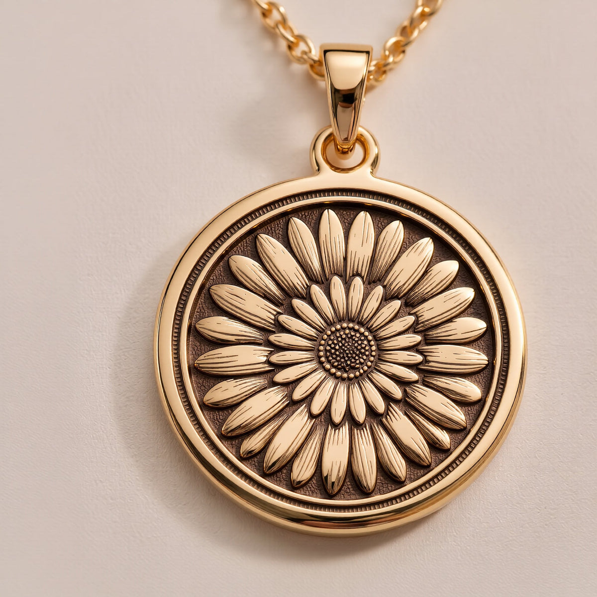 14K solid gold daisy floral pendant necklace. Minimalist birthstone jewelry with a dainty polished gold floral design.
