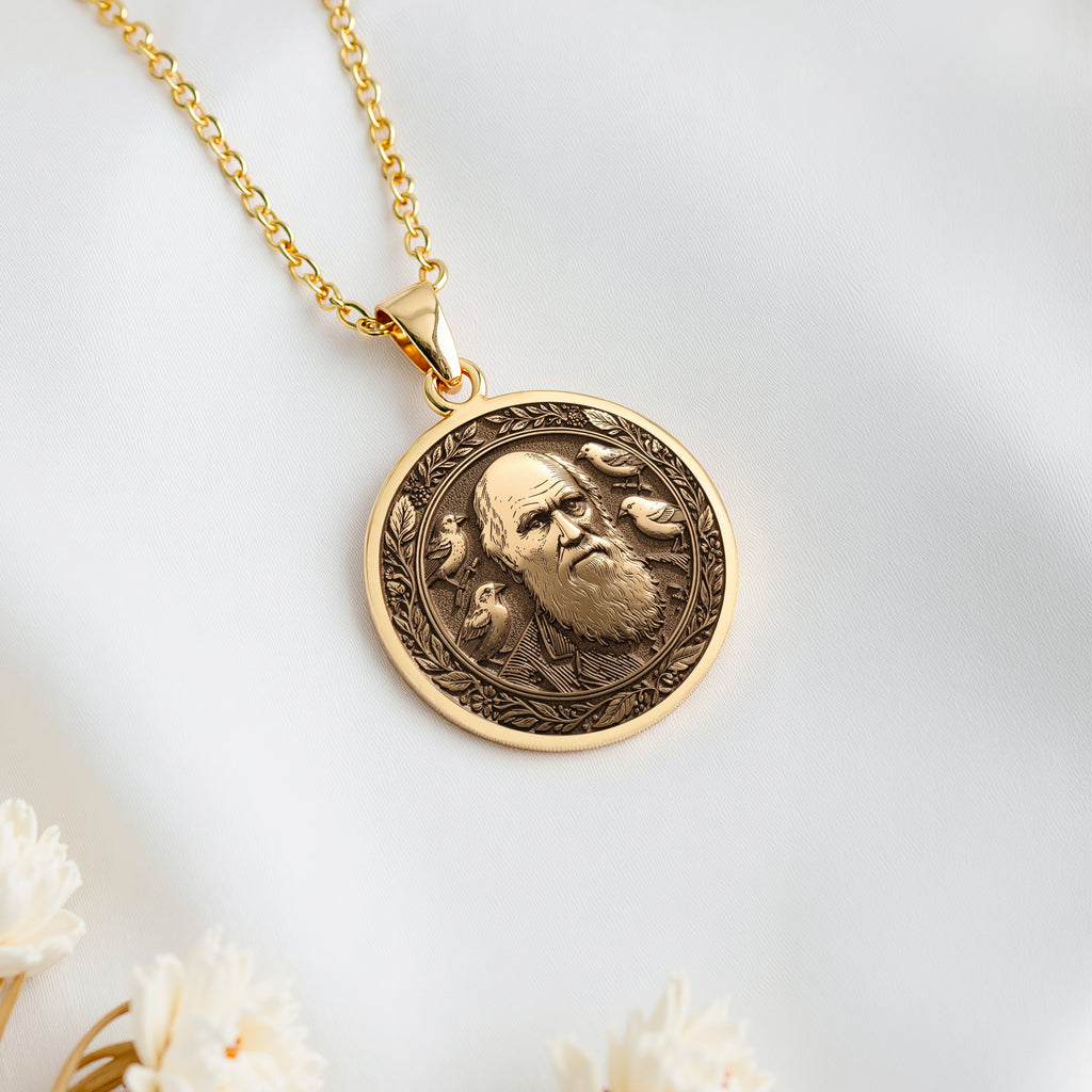 Darwin Evolution Coin Pendant Necklaces 14K 14K Gold Plated pendant necklace featuring a round portrait of a bearded man.