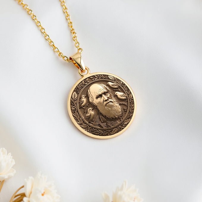 14K solid gold Darwin Evolution Coin Pendant: round  of Charles Darwin naturalist with ...