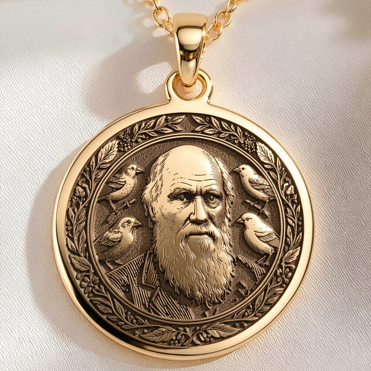 Darwin Evolution Coin Pendant Necklaces 14K 14K Gold Plated engraved portrait of a bearded man in a wreath pendant necklace