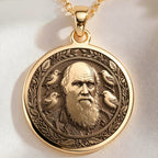 14K solid gold Darwin Evolution Coin Pendant: round  of Charles Darwin naturalist with ...