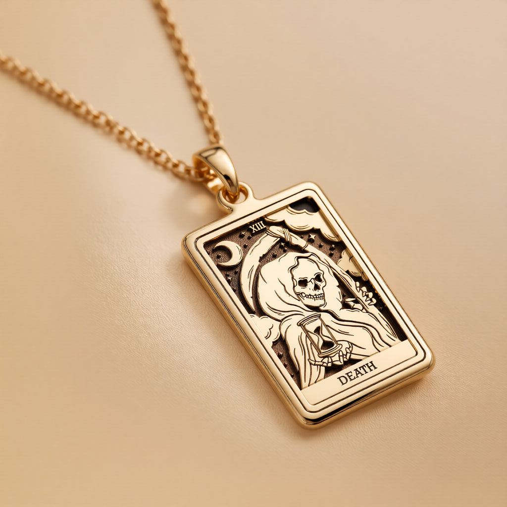 Death Tarot Rider Waite Necklace Necklaces 14K 14K Gold Plated skull and death pendant necklace with wings and the word DEATH