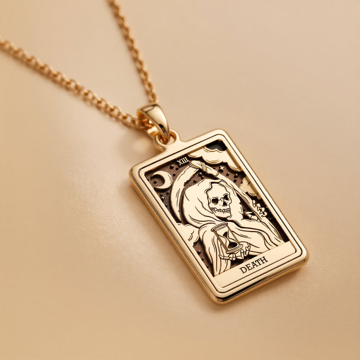 Death Tarot Rider Waite Necklace Necklaces 14K 14K Gold Plated skull and death pendant necklace with wings and the word DEATH