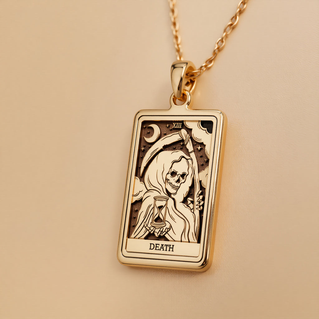 Death Tarot Rider Waite Necklace Necklaces 14K 14K Gold Plated pendant necklace featuring a gothic skull holding a chalice design.