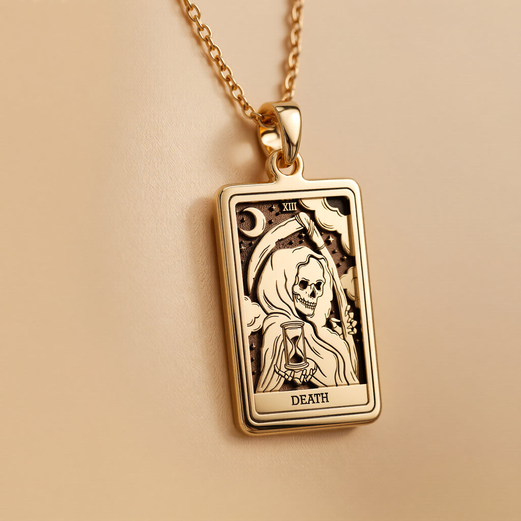 Death Tarot Rider Waite Necklace Necklaces 14K 14K Gold Plated skull pendant with hood design and death motif necklace
