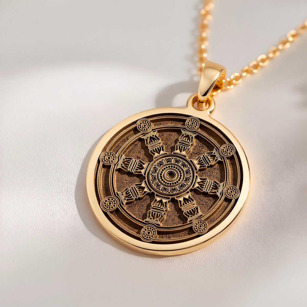 14K solid gold Dharma Wheel Spoked Talisman Necklace: round  Dharma Wheel Buddhist symb...