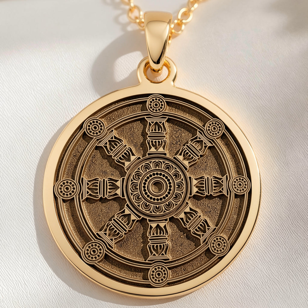 14K solid gold Dharma Wheel Spoked Talisman Necklace: round  of Buddhist Dharma wheel s...