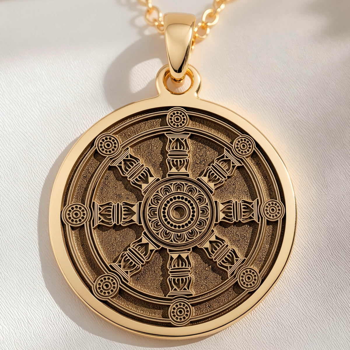 14K solid gold Dharma Wheel Spoked Talisman Necklace: round  of Buddhist Dharma wheel s...