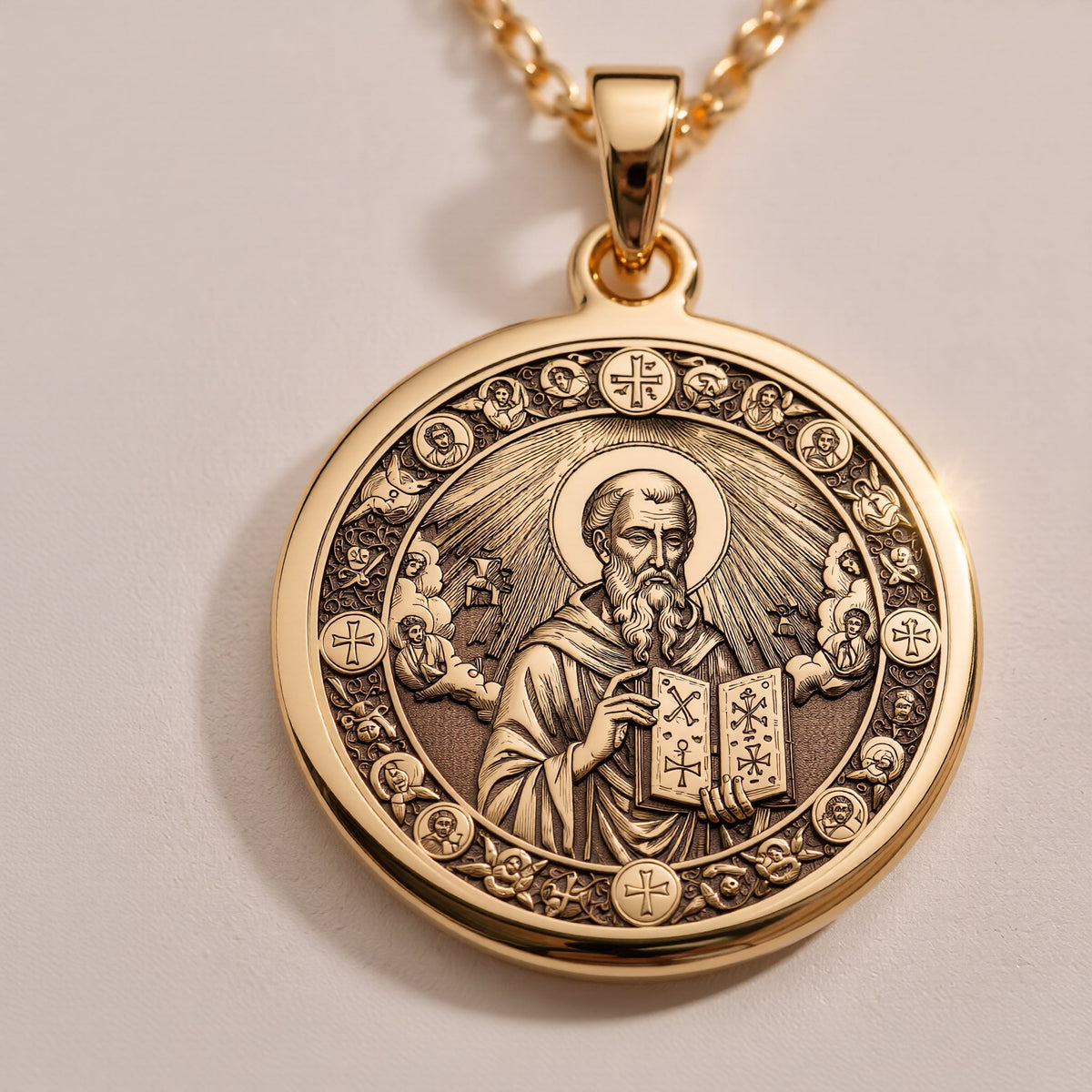 Sterling Silver Saint Dionysius Areopagite Pendant with detailed Orthodox design. Handcrafted silver coin charm featuring Christian saint with holy book and sacred elements. Religious jewelry celebrating Orthodox faith and divine guidance.