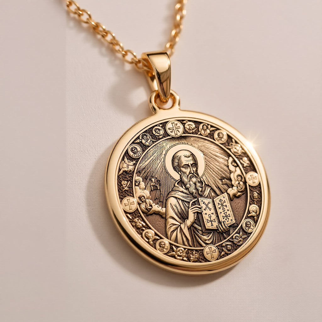 Rose Gold Plated Saint Dionysius Areopagite Medallion featuring revered Orthodox saint with holy book and celestial halo surrounded by sacred crosses. Elegant religious jewelry with detailed Christian symbolism. Warm-toned faith talisman.
