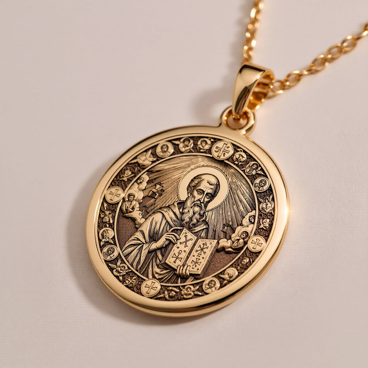 Rose Gold Plated Saint Dionysius Areopagite Pendant with Orthodox design. Warm-toned Christian saint medallion with holy book and sacred crosses. Religious jewelry celebrating divine protection, perfect Orthodox gift.