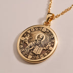 Rose Gold Plated Saint Dionysius Areopagite Pendant with Orthodox design. Warm-toned Christian saint medallion with holy book and sacred crosses. Religious jewelry celebrating divine protection, perfect Orthodox gift.