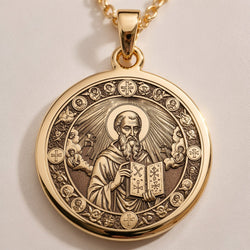 Front view of Saint Dionysius Medallion Necklace in 14K solid gold, featuring a haloed saint holding an open book.