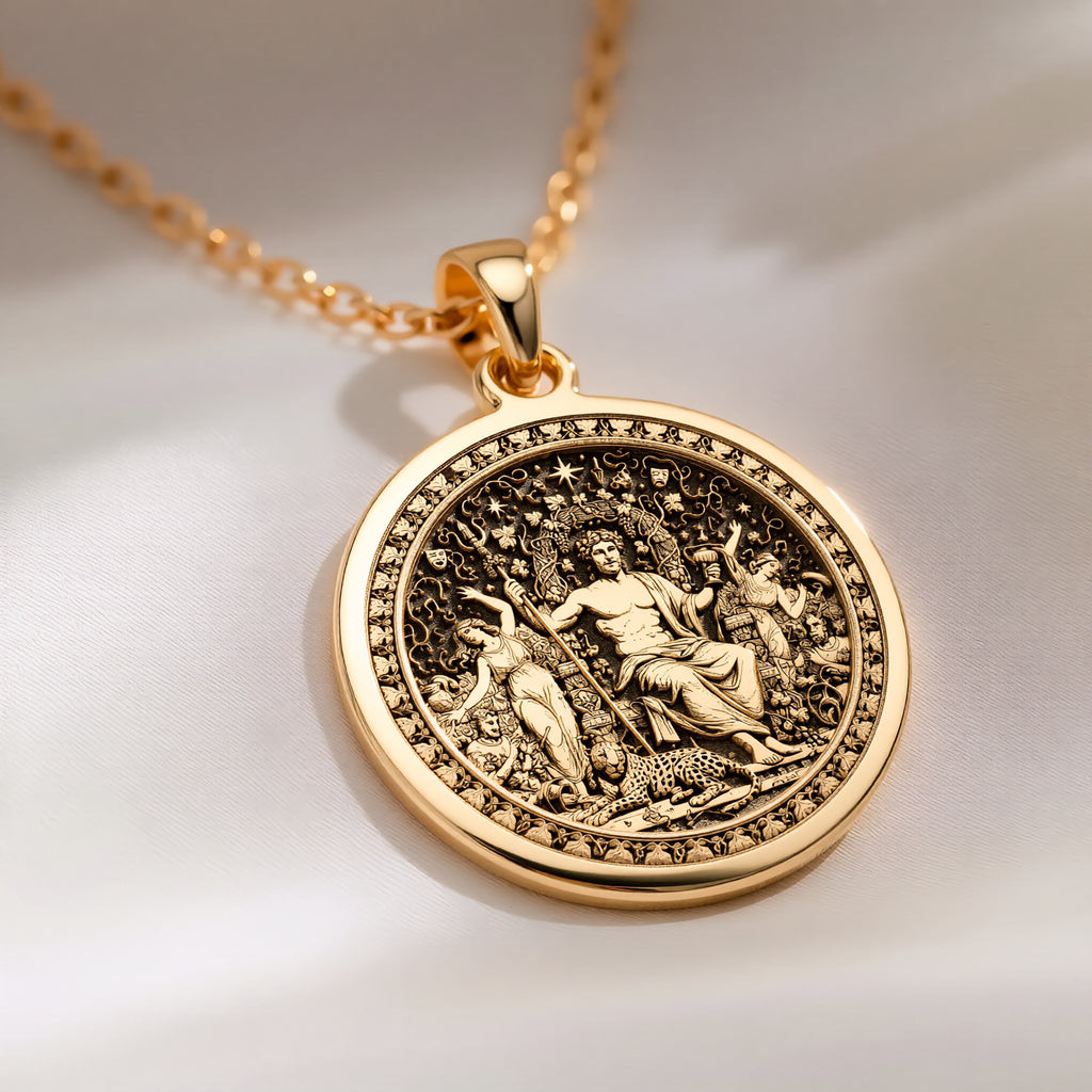 14K solid gold Dionysus God of Wine Pendant: round  of Dionysus Greek god of wine with ...