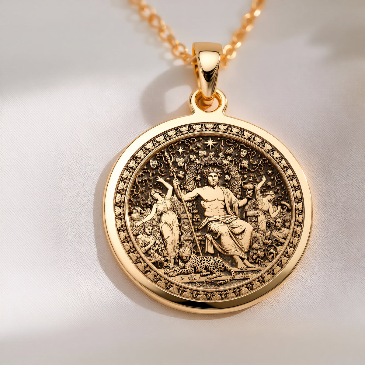 14K solid gold Dionysus God of Wine Pendant: round  of Dionysus Greek god of wine with ...
