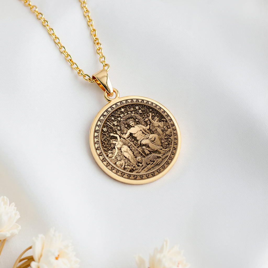 14K solid gold Dionysus God of Wine Pendant: round  of Dionysus Greek god of wine with ...