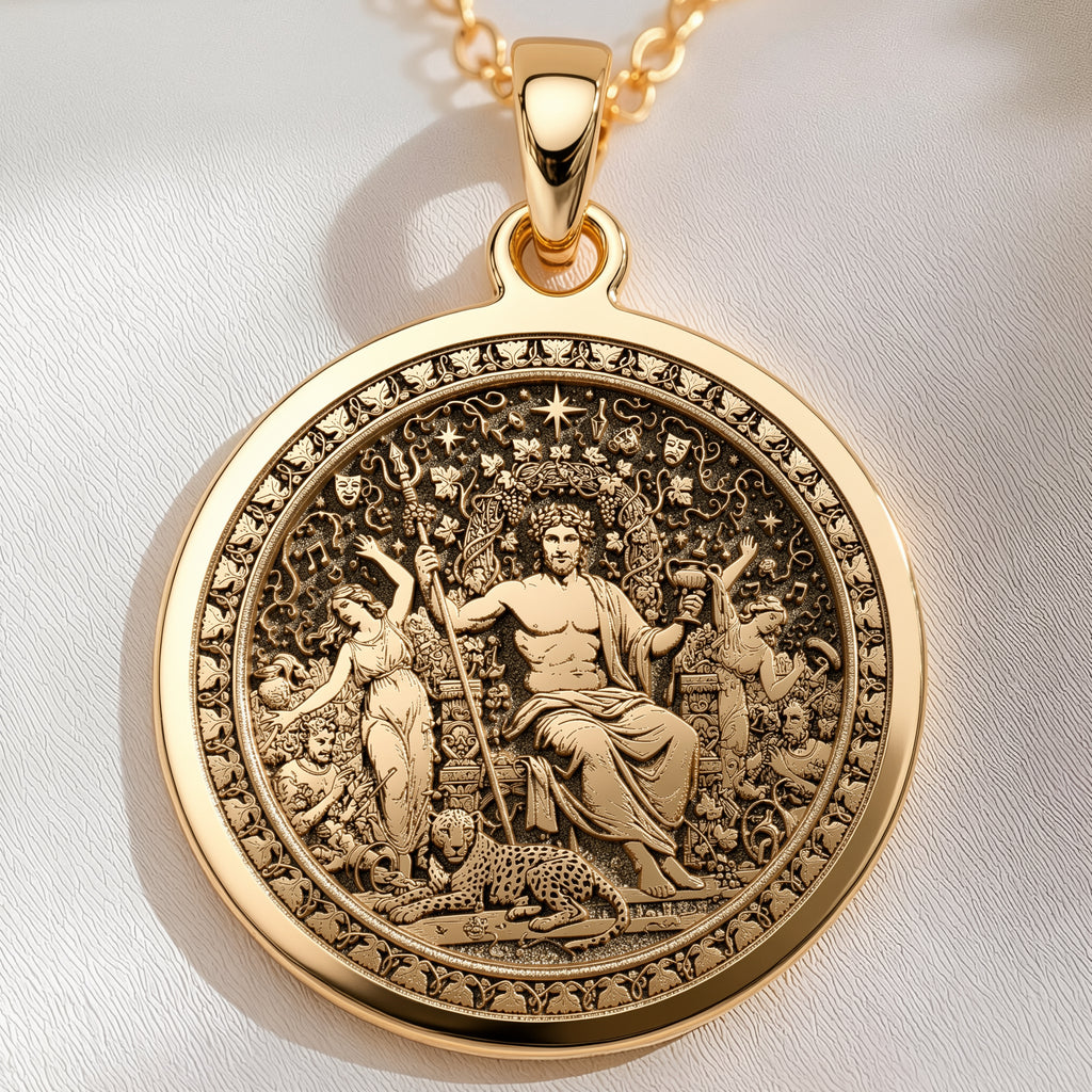 14K solid gold Dionysus God of Wine Pendant: round  of Dionysus Greek god of wine with ...