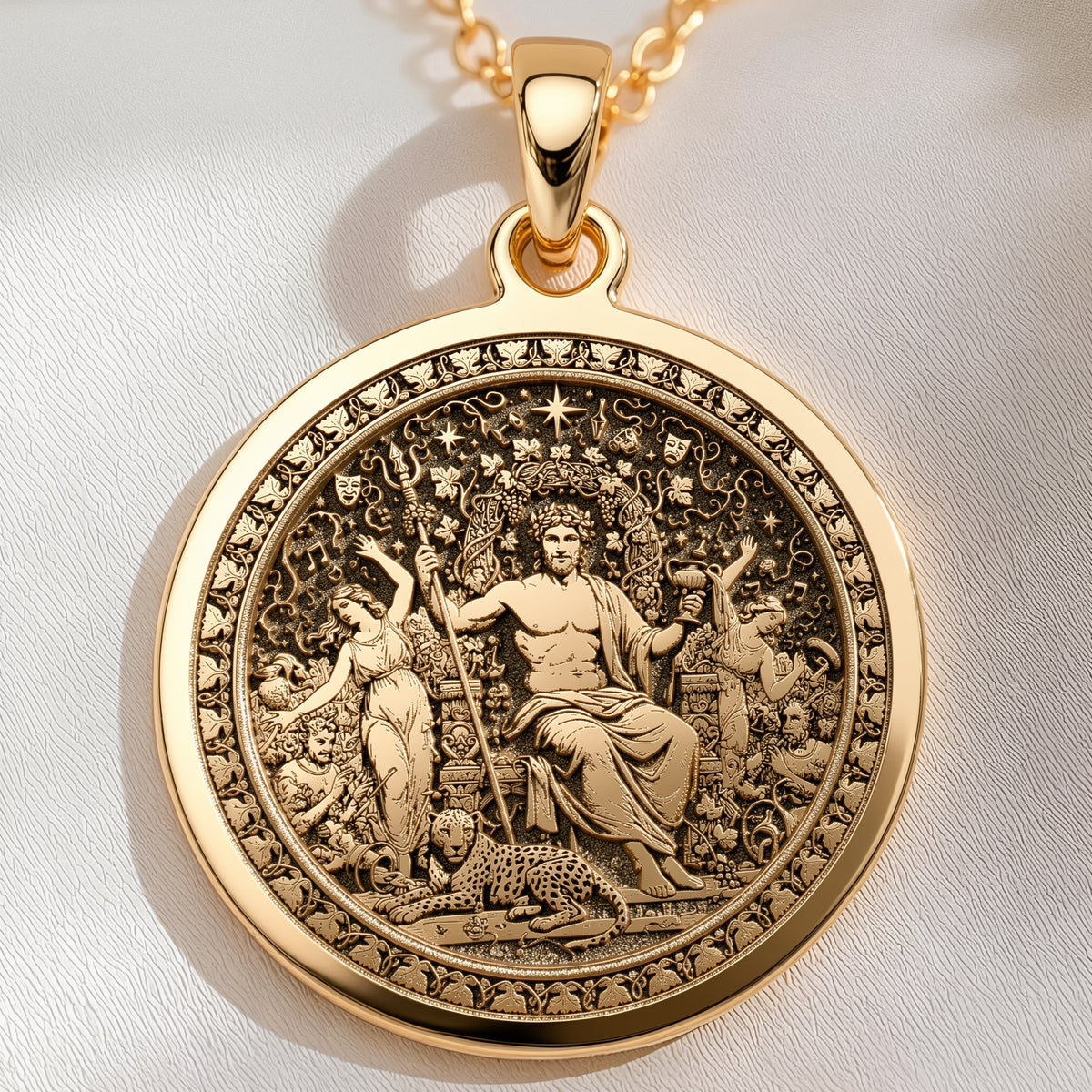 14K solid gold Dionysus God of Wine Pendant: round  of Dionysus Greek god of wine with ...