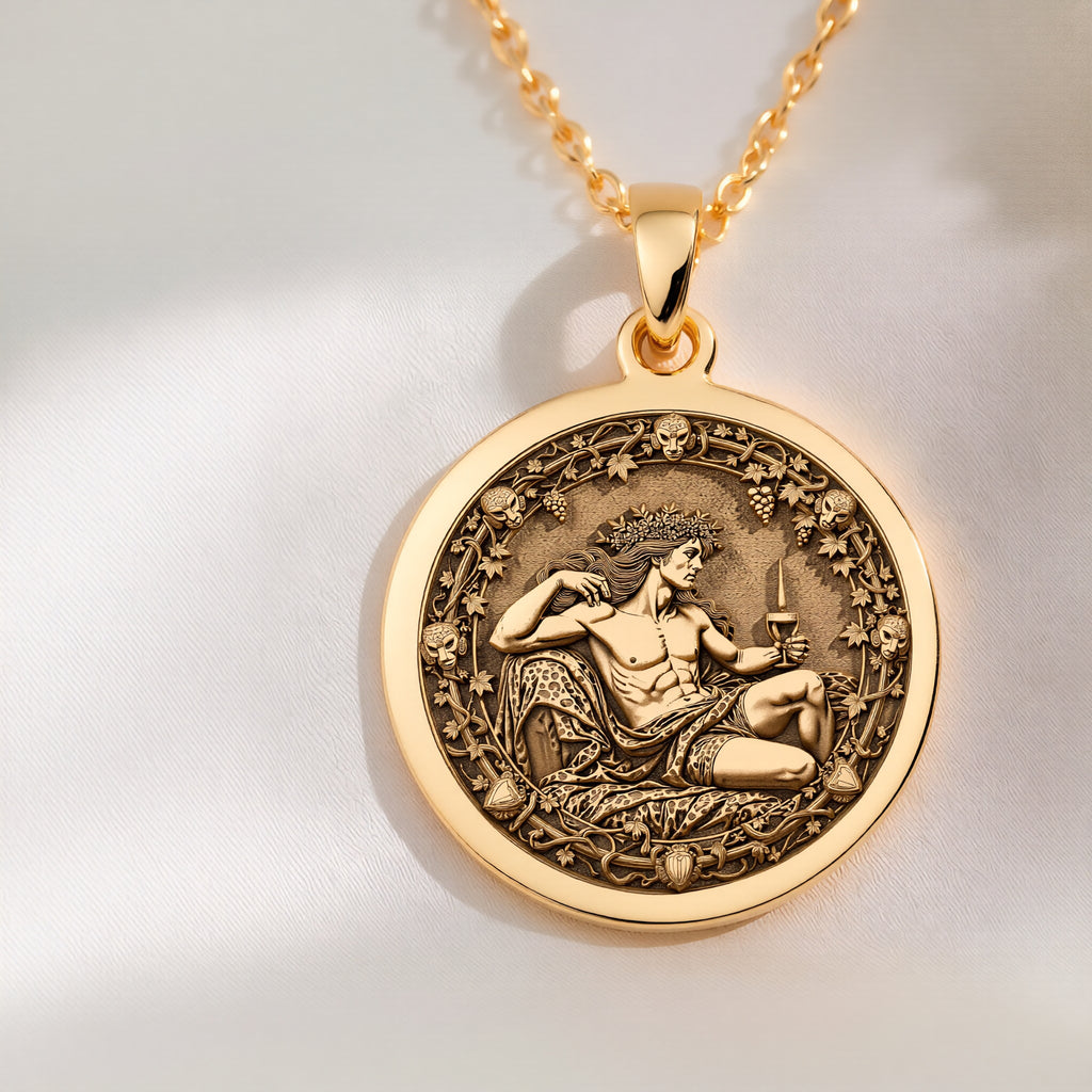 14K solid gold Dionysus God of Wine Coin Necklace: round  of Dionysus Greek god of wine...