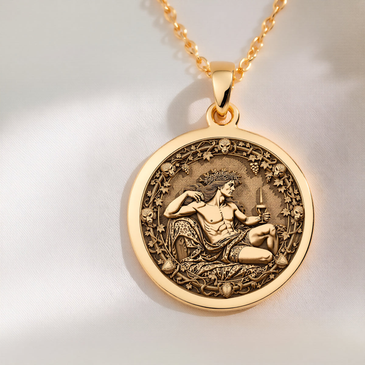 14K solid gold Dionysus God of Wine Coin Necklace: round  of Dionysus Greek god of wine...