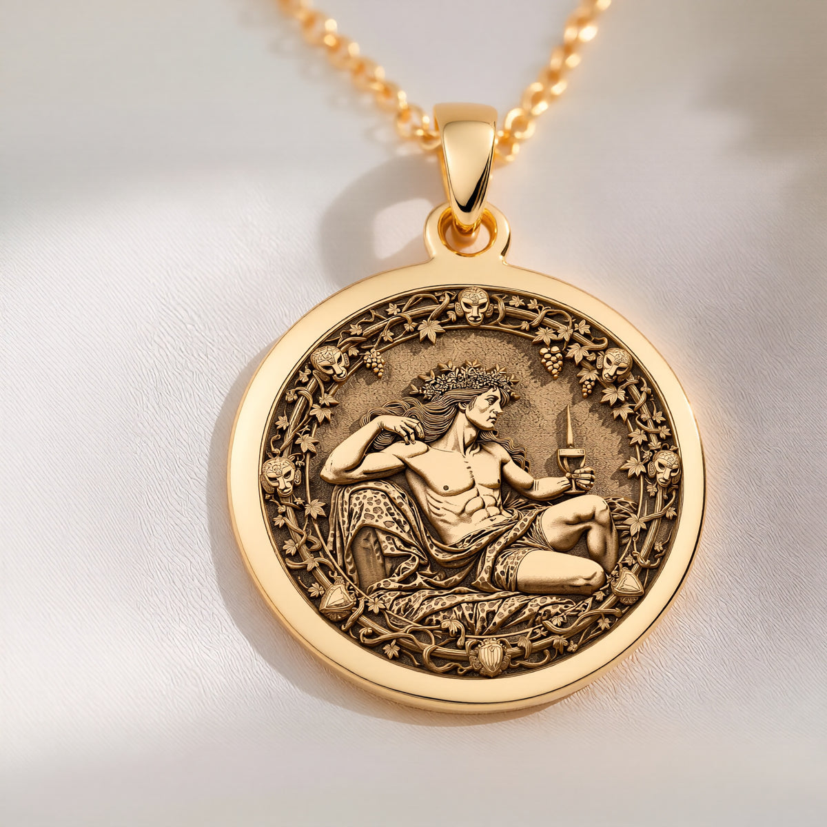 Dionysus God of Wine Coin Necklace Necklaces 14K 14K Gold Plated pendant necklace featuring a classical reclining figure design on a round disc.