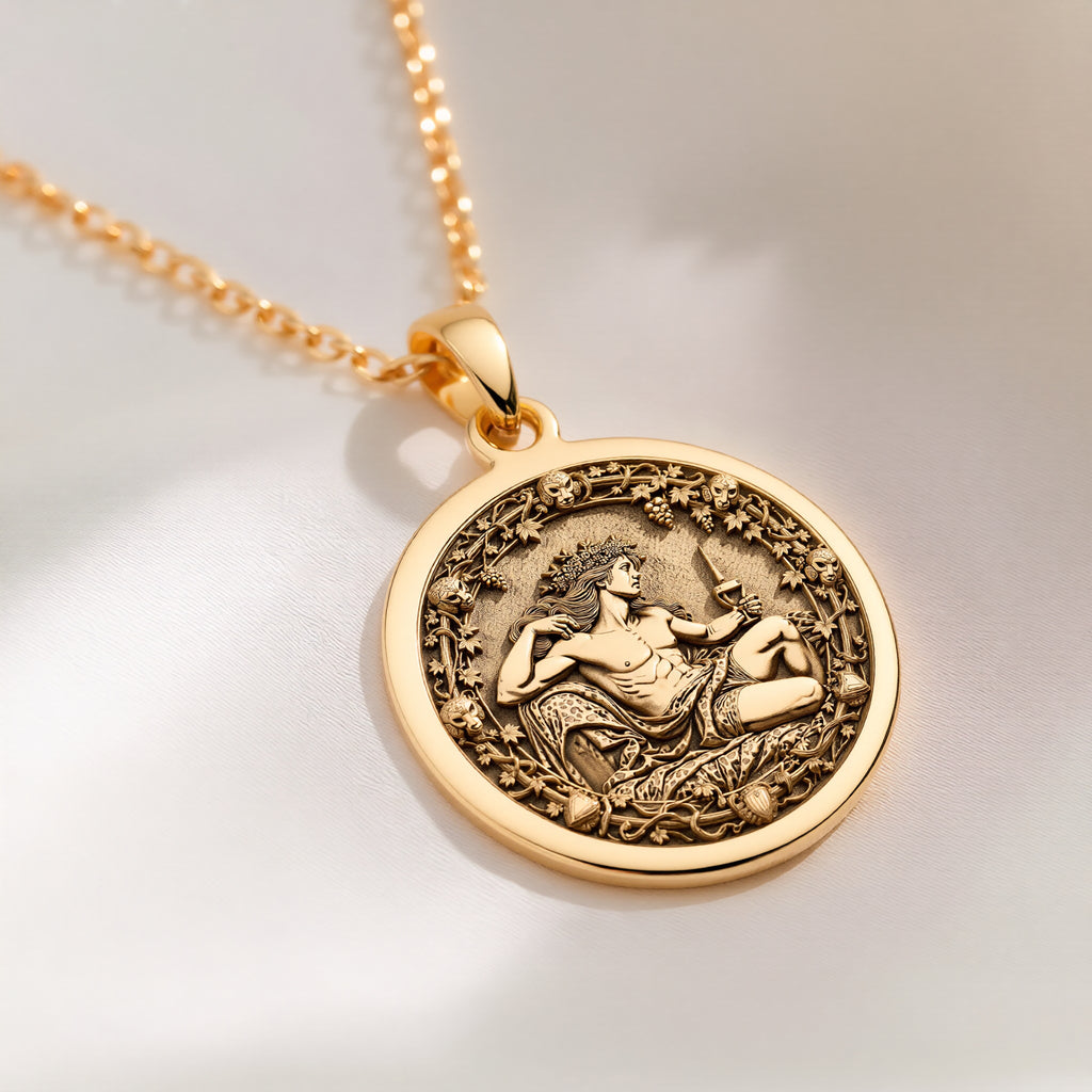 14K solid gold Dionysus God of Wine Coin Necklace: round  of Dionysus Greek god of wine...