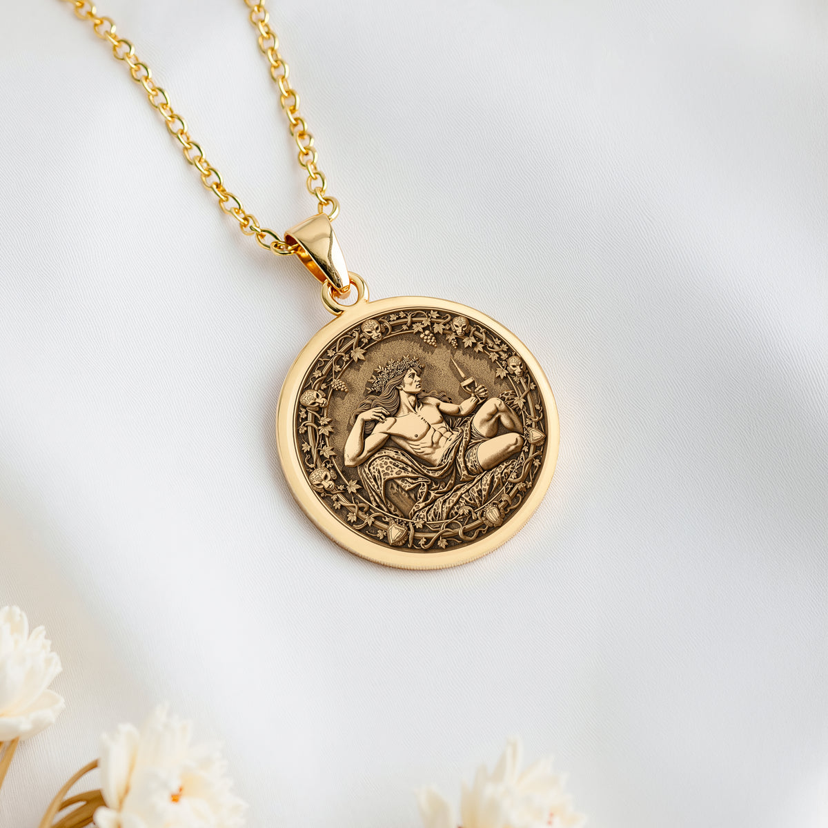 14K solid gold Dionysus God of Wine Coin Necklace: round  of Dionysus Greek god of wine...