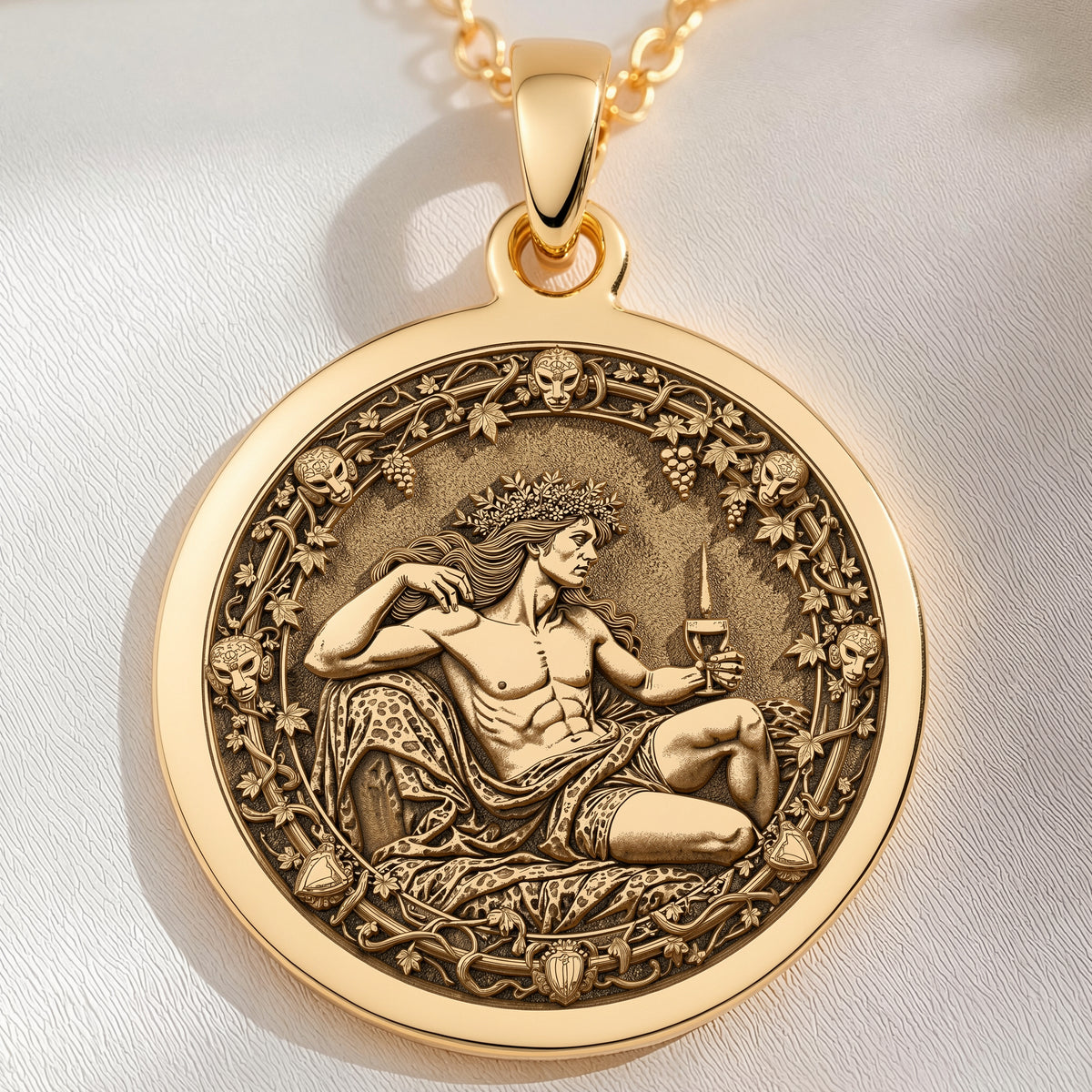 Dionysus God of Wine Coin Necklace Necklaces 14K 14K Gold Plated round pendant featuring a classical seated male figure design necklace