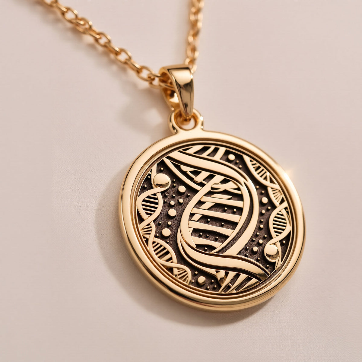 DNA Double Helix Science Pendant Necklaces 14K Rose 14K 14K Rose Gold Plated pendant necklace with intricate swirling vine scrollwork design.