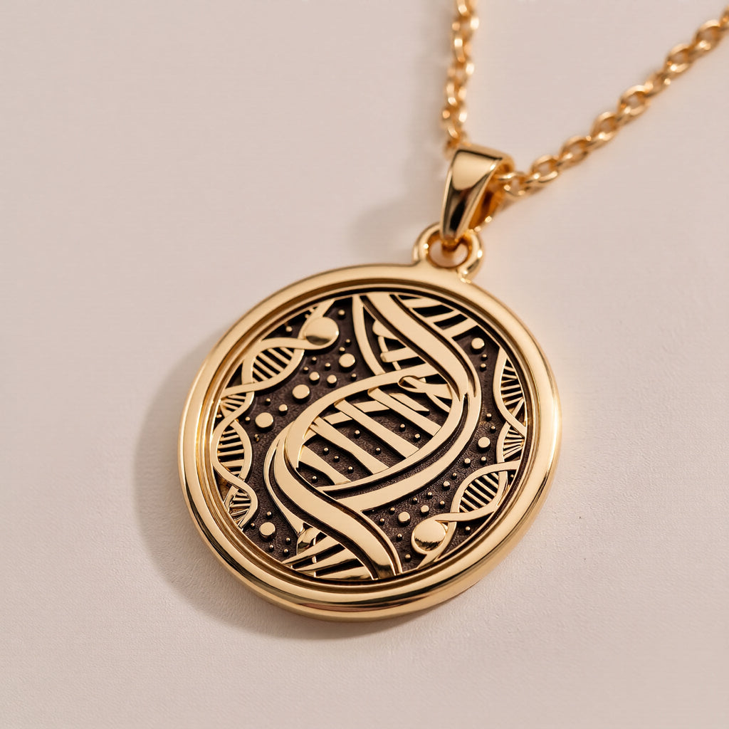 DNA Double Helix Science Pendant Necklaces Rose 14K Rose 14K 14K Rose 14K 14K Rose Gold Plated pendant necklace featuring intricate swirling scrollwork design.