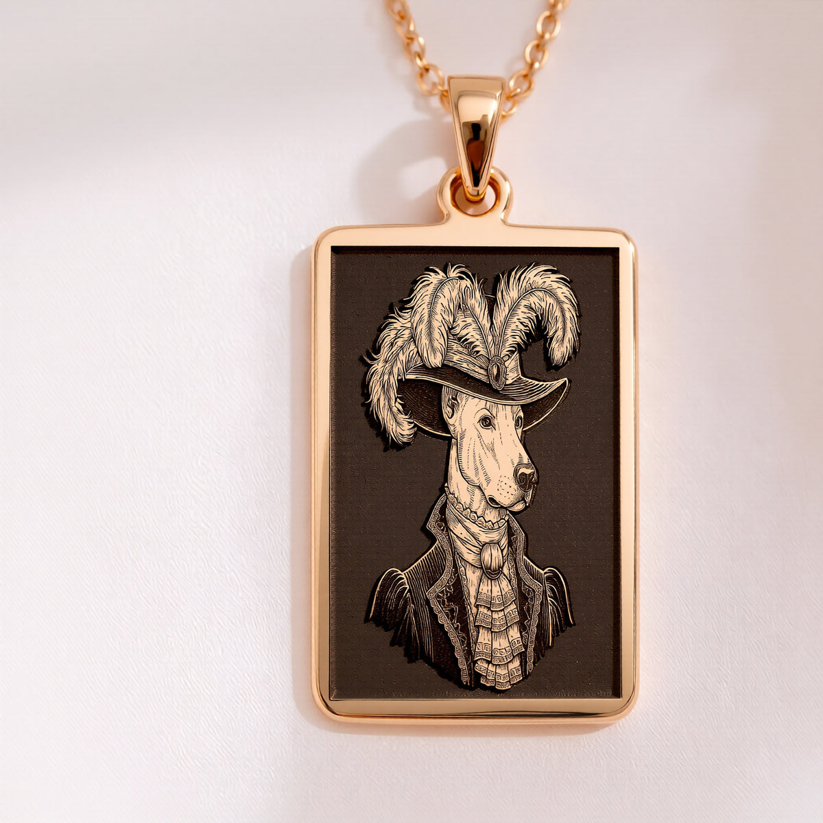 Product photo of a 14K Solid Gold Doberman necklace from the 'Victorian Pet Collection'. The engraved officer portrait is centered clearly on a rich purple satin background.