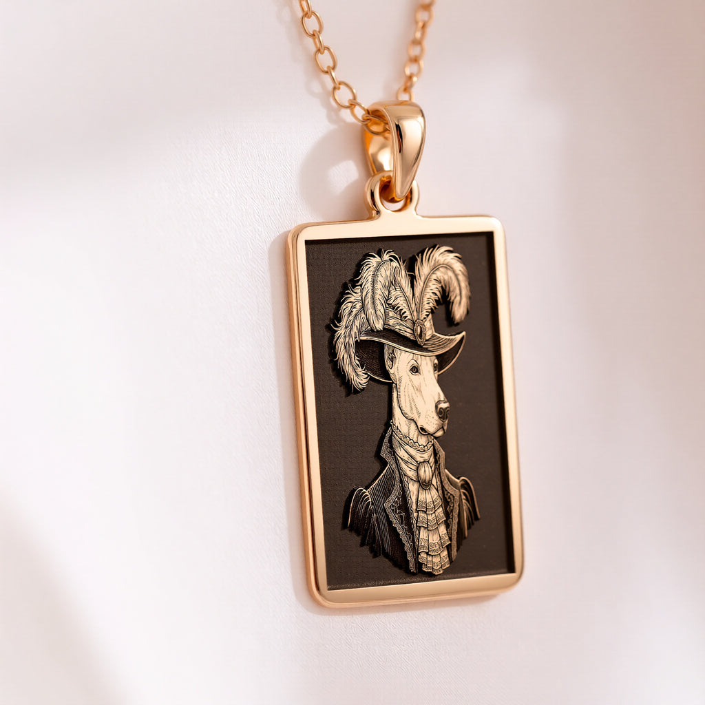 Product photo of a 14K Solid Gold Doberman necklace from the 'Victorian Pet Collection'. The engraved officer portrait is centered clearly on a rich purple satin background.