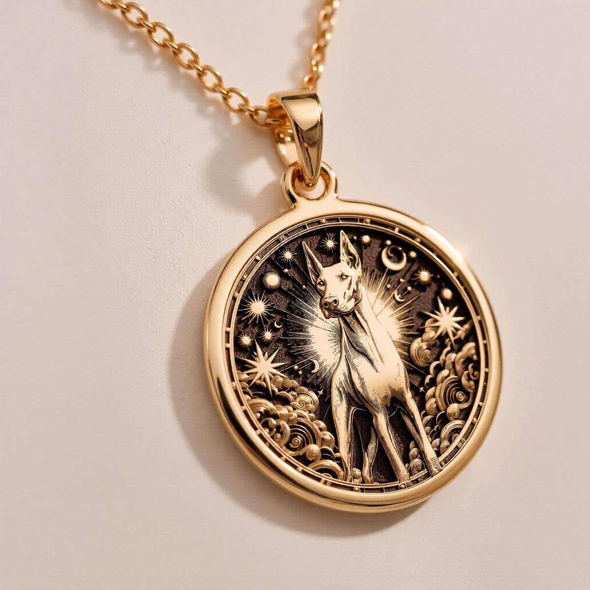 Doberman Pinscher Guardian Dog Pendant Necklaces Rose 14K Rose 14K 14K Rose 14K 14K Rose Gold Plated round pendant with intricate circular portrait design and star details