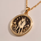 Doberman Pinscher Guardian Dog Pendant Necklaces 14K Rose 14K 14K Rose Gold Plated pendant necklace featuring an engraved classical female figure surrounded by stars.