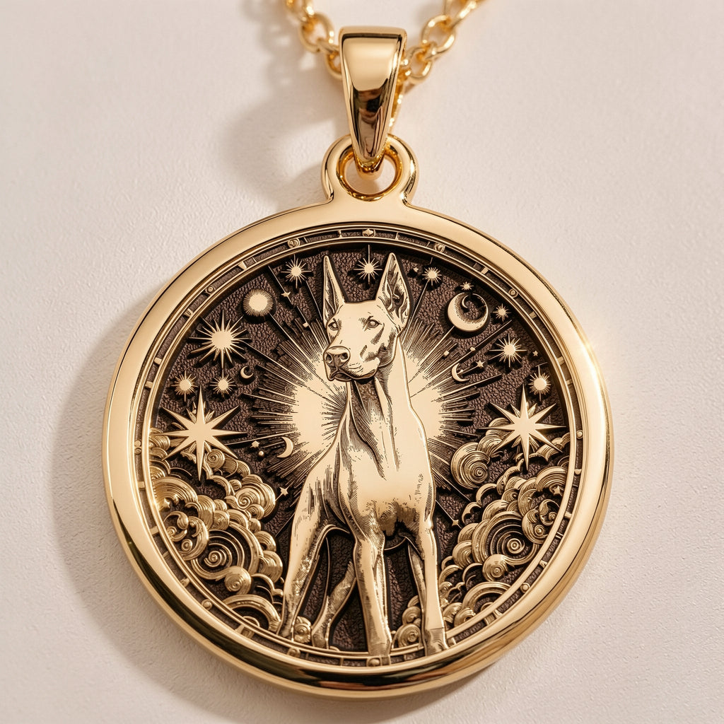 Doberman Pinscher Guardian Dog Pendant Necklaces Gold-toned personalized pendant necklaces featuring engraved text options and various metal finishes.