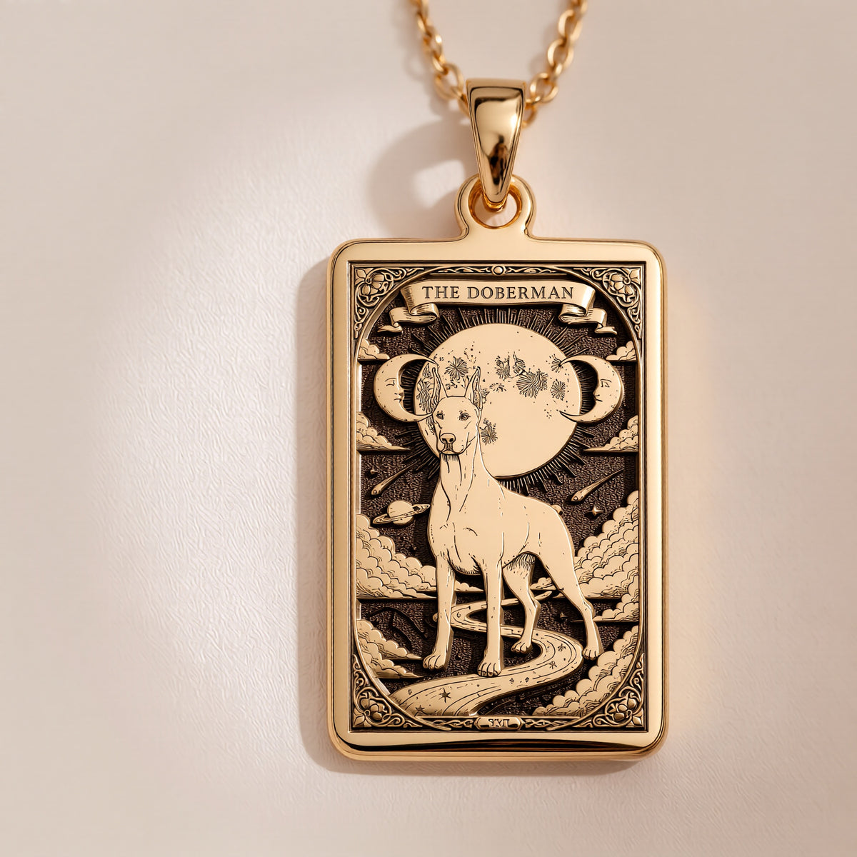 A polished 14K solid gold Doberman medallion. This fine pet jewelry represents the breed's noble spirit, making it a perfect Doberman lover gift.