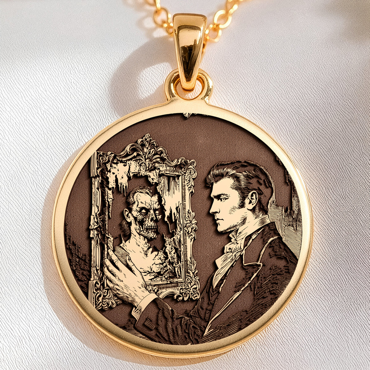Dorian Gray Portrait Pendant Necklaces 14K 14K Gold Plated pendant necklace featuring an engraved portrait in an ornate antique frame.