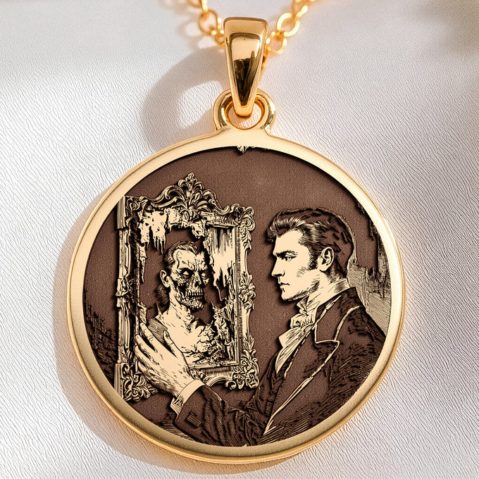 Dorian Gray Portrait Pendant Necklaces 14K 14K Gold Plated pendant necklace featuring an engraved portrait in an ornate antique frame.