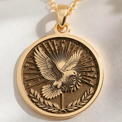 14K solid gold Holy Spirit Dove Peace Bird Charm necklace, polished Christian art religious jewelry gift.