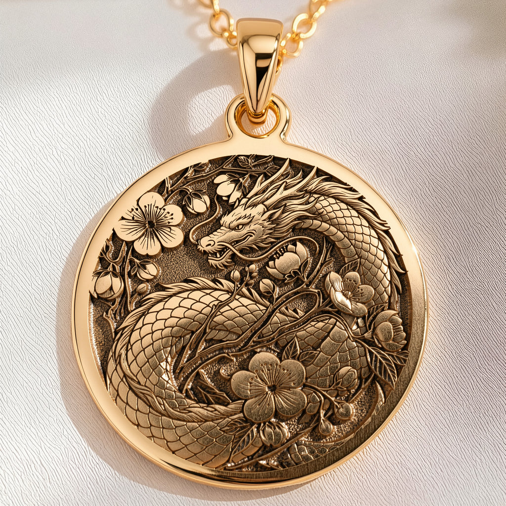 Japanese Dragon Ryu Symbol Pendant | 14K Solid Gold - Mythology Protection Talisman