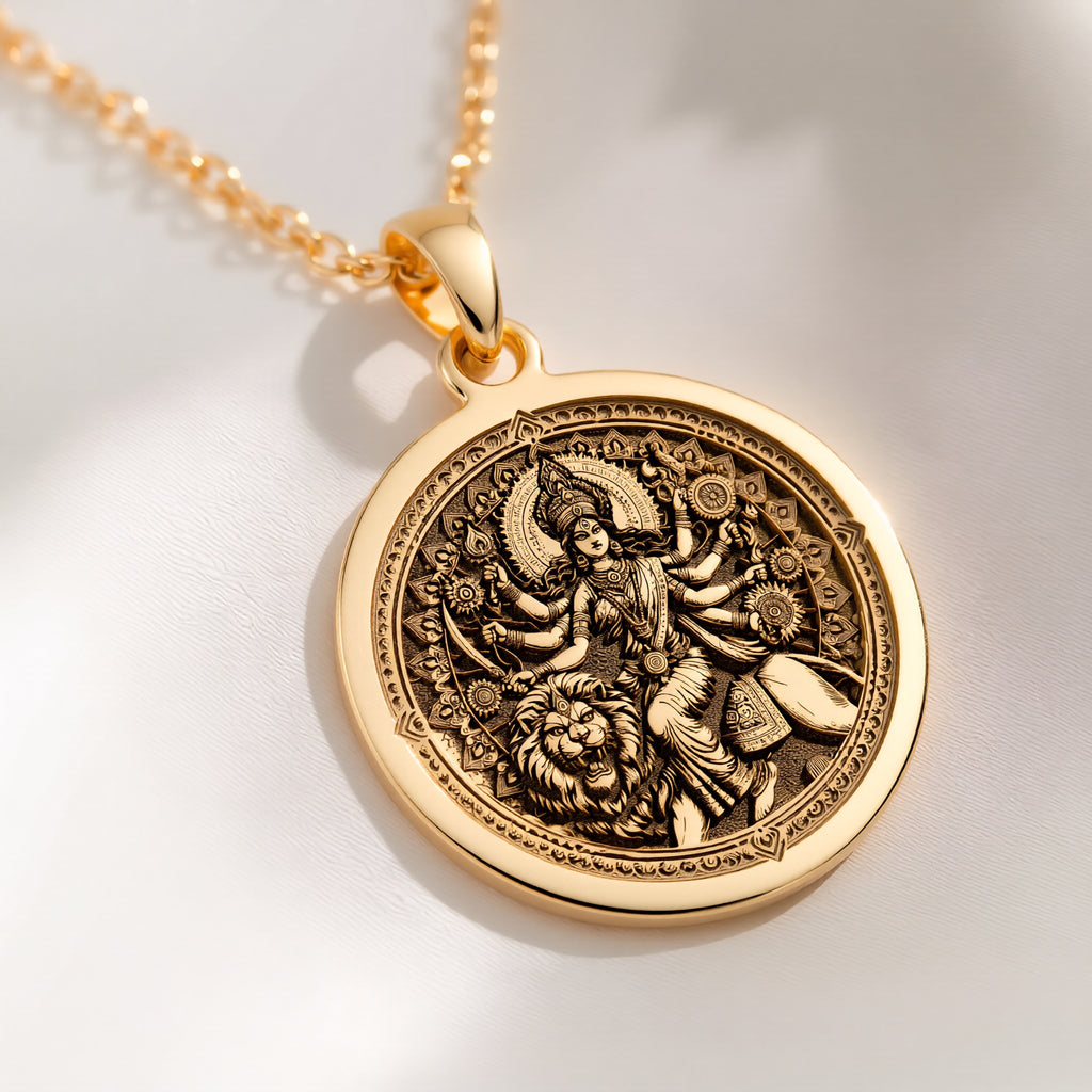 14K solid gold Durga Warrior Ten Arms Pendant: round  of Hindu goddess Durga warrior de...