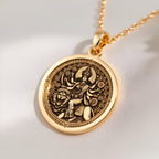 14K solid gold Durga Warrior Ten Arms Pendant: round  of Hindu goddess Durga warrior wi...