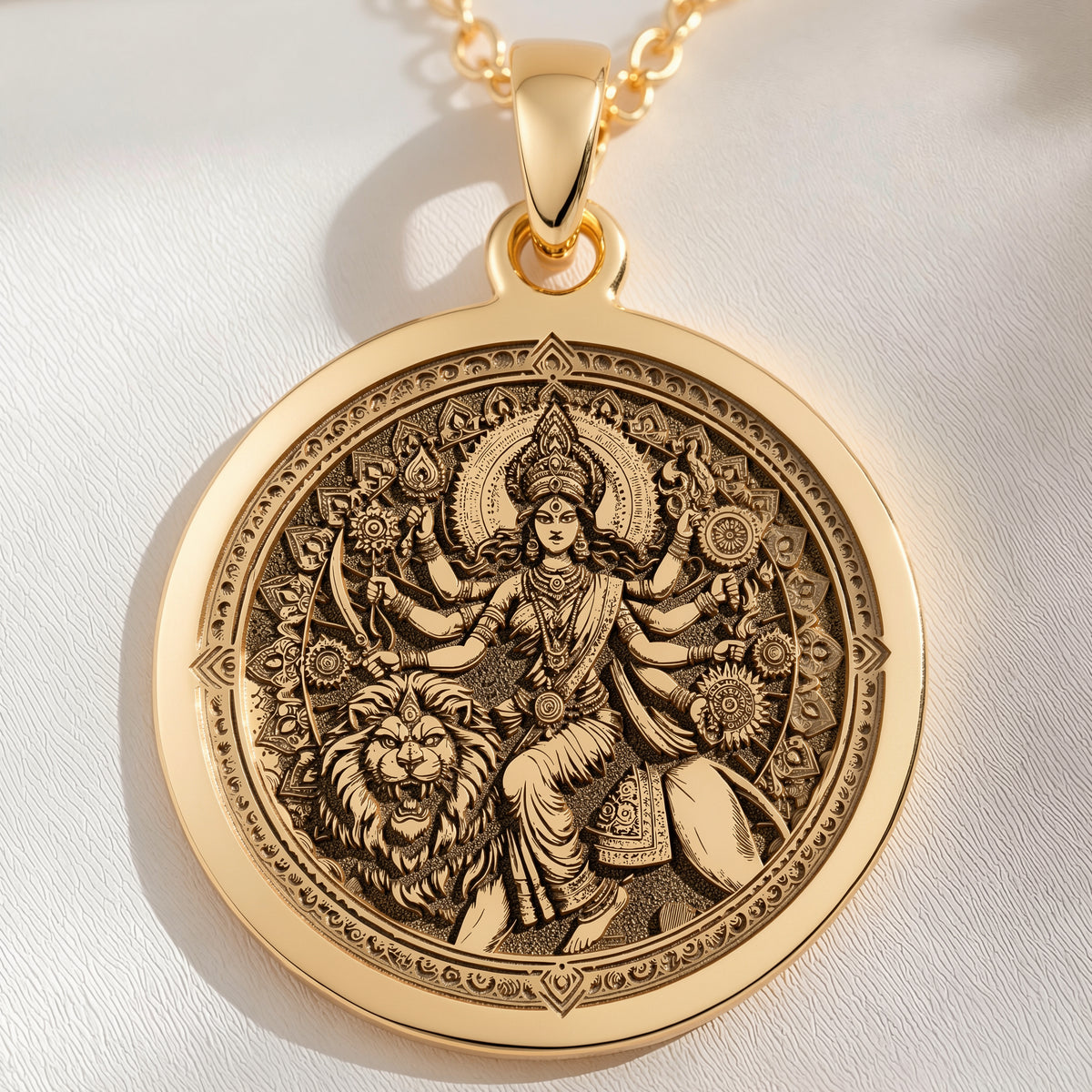 14K solid gold Durga Warrior Ten Arms Pendant: round  of Hindu goddess Durga warrior wi...