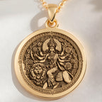 14K solid gold Durga Warrior Ten Arms Pendant: round  of Hindu goddess Durga warrior wi...