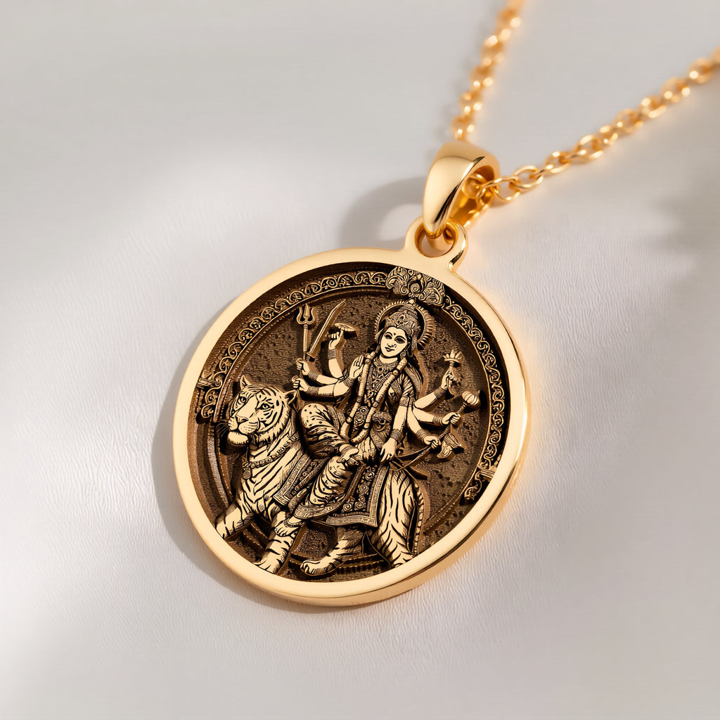 14K solid gold Durga Warrior Ten Arms Pendant: round  of Hindu goddess Durga warrior wi...
