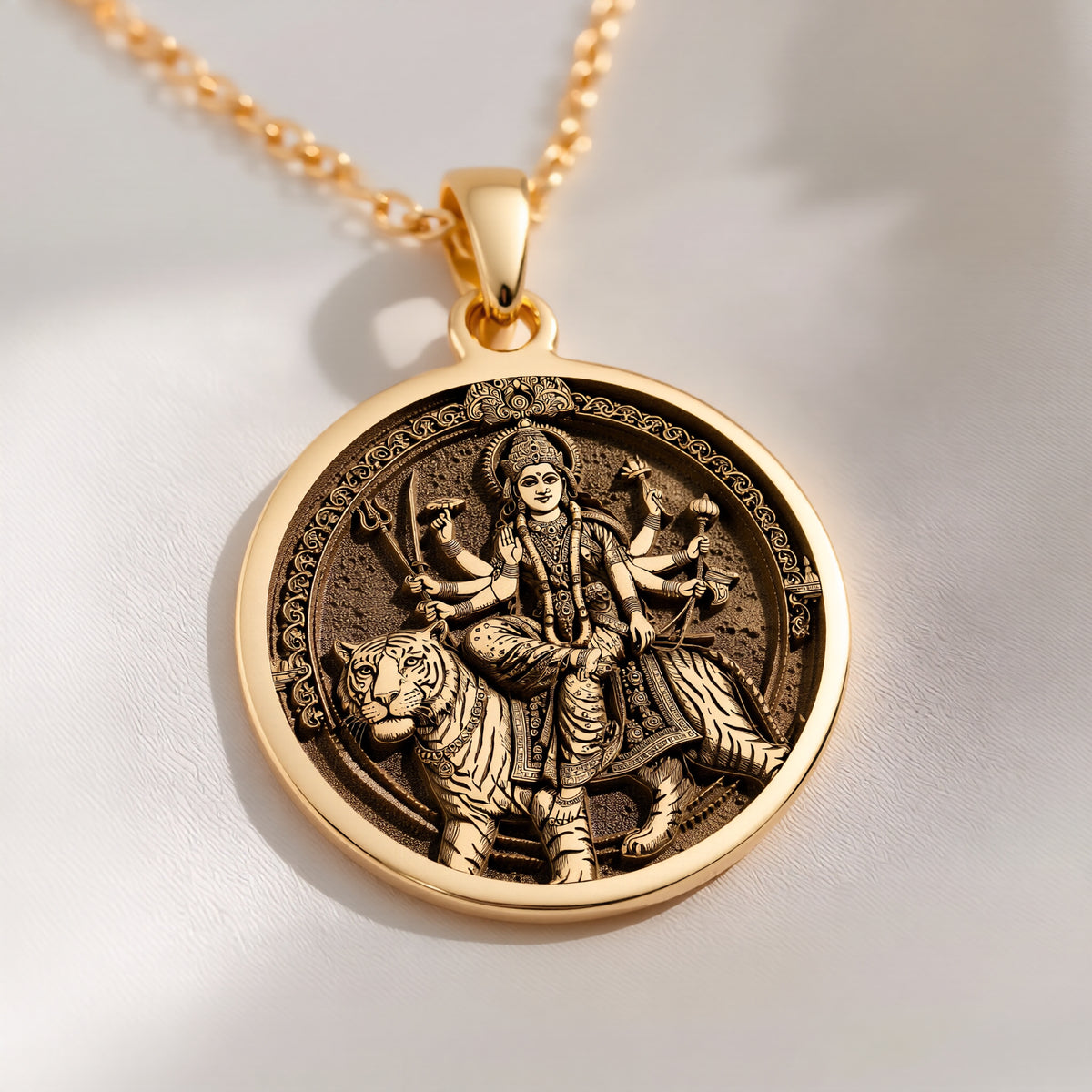 14K solid gold Durga Warrior Ten Arms Pendant: round  of Hindu goddess Durga warrior wi...