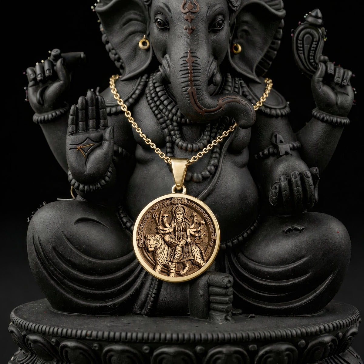 14K solid gold Durga Warrior Ten Arms Pendant: round  of Hindu goddess Durga warrior de...