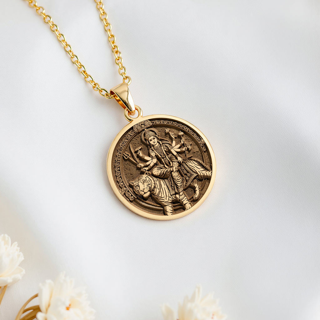 14K solid gold Durga Warrior Ten Arms Pendant: round  of Hindu goddess Durga warrior wi...