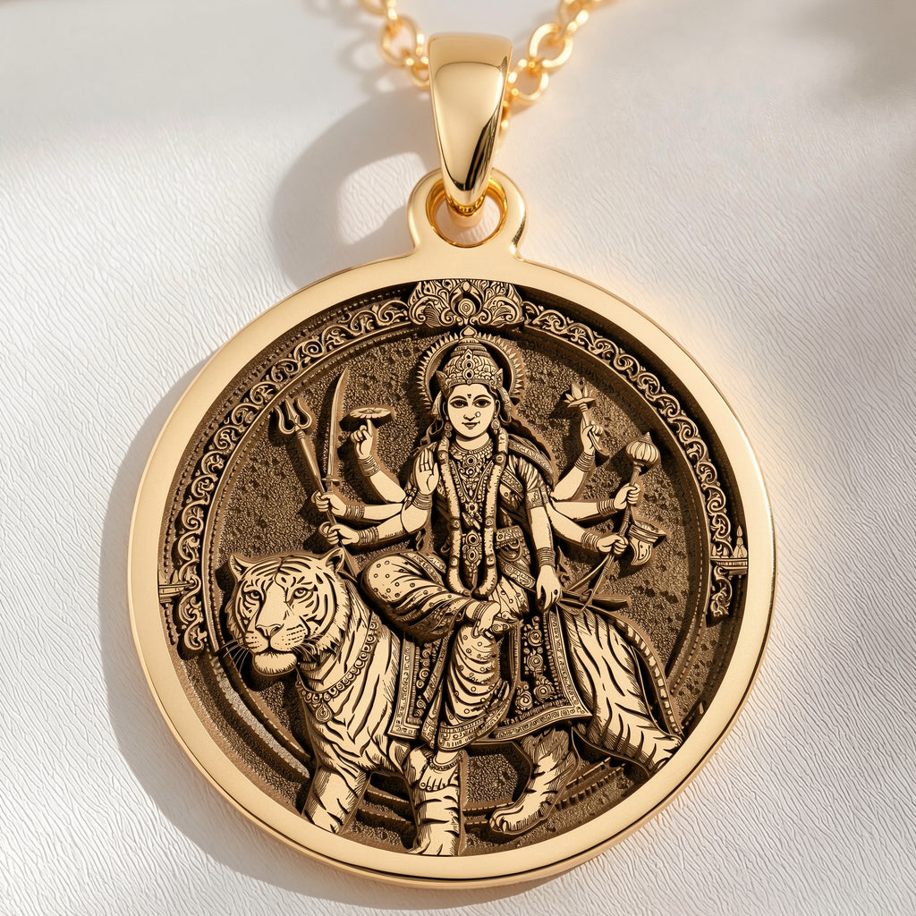 14K solid gold Durga Warrior Ten Arms Pendant: round  of Hindu goddess Durga warrior wi...